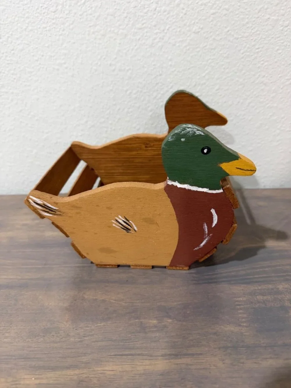 Vintage Handmade Wooden Mallard Duck Basket Farm Decor